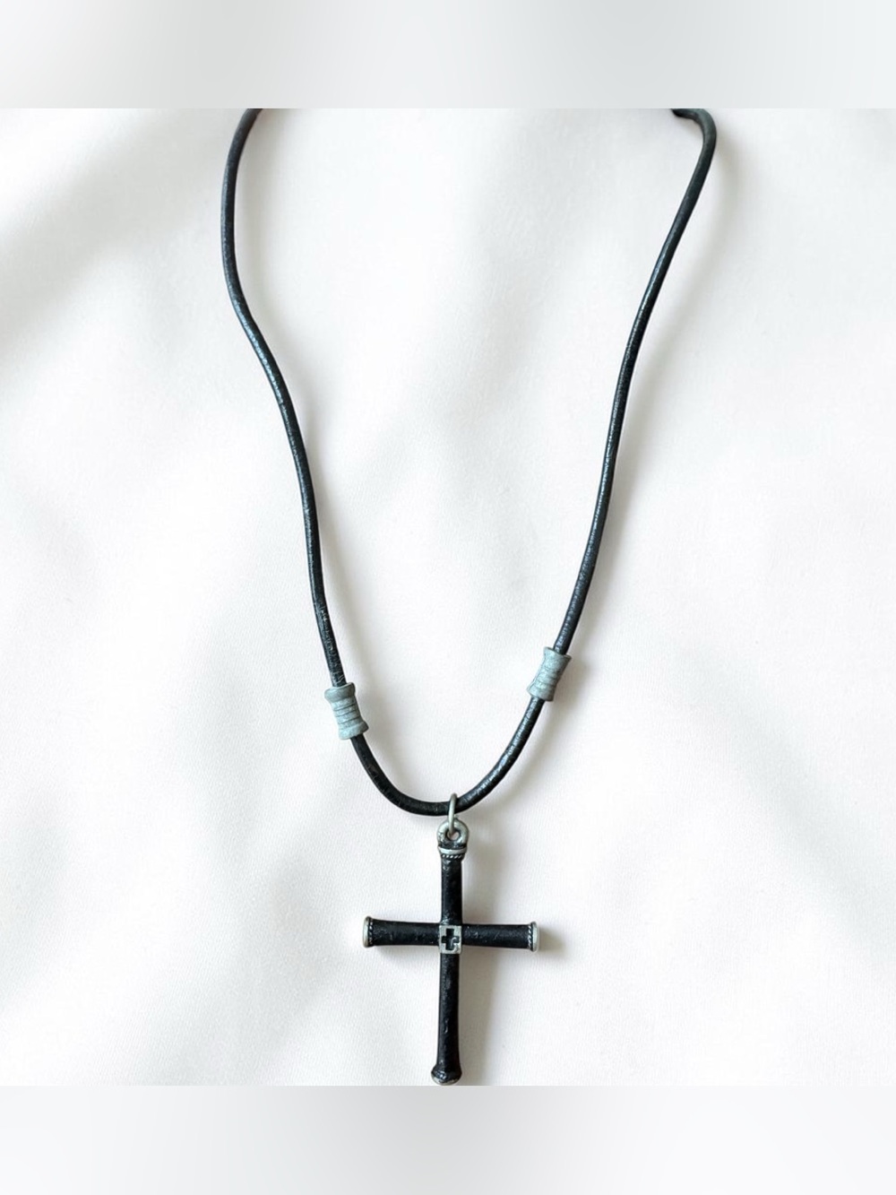 Black Leather Cord Cross Necklace with Metal Accents - SKU F